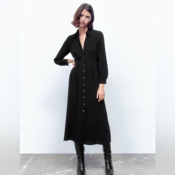 Zara Pleated Flowy Midi Shirt Dress With Golden Buttons - 8621/731 - Picture 2 of 10